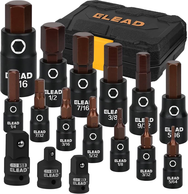 ELEAD 16-Piece SAE Hex Bit Impact Socket Set - Premium S2 Steel 5/64"-9/16" Allen Socket Set with Socket Adapters, 1/4”, 3/8” and 1/2” Drive | Professional Mechanic Garage Tools - Image 1